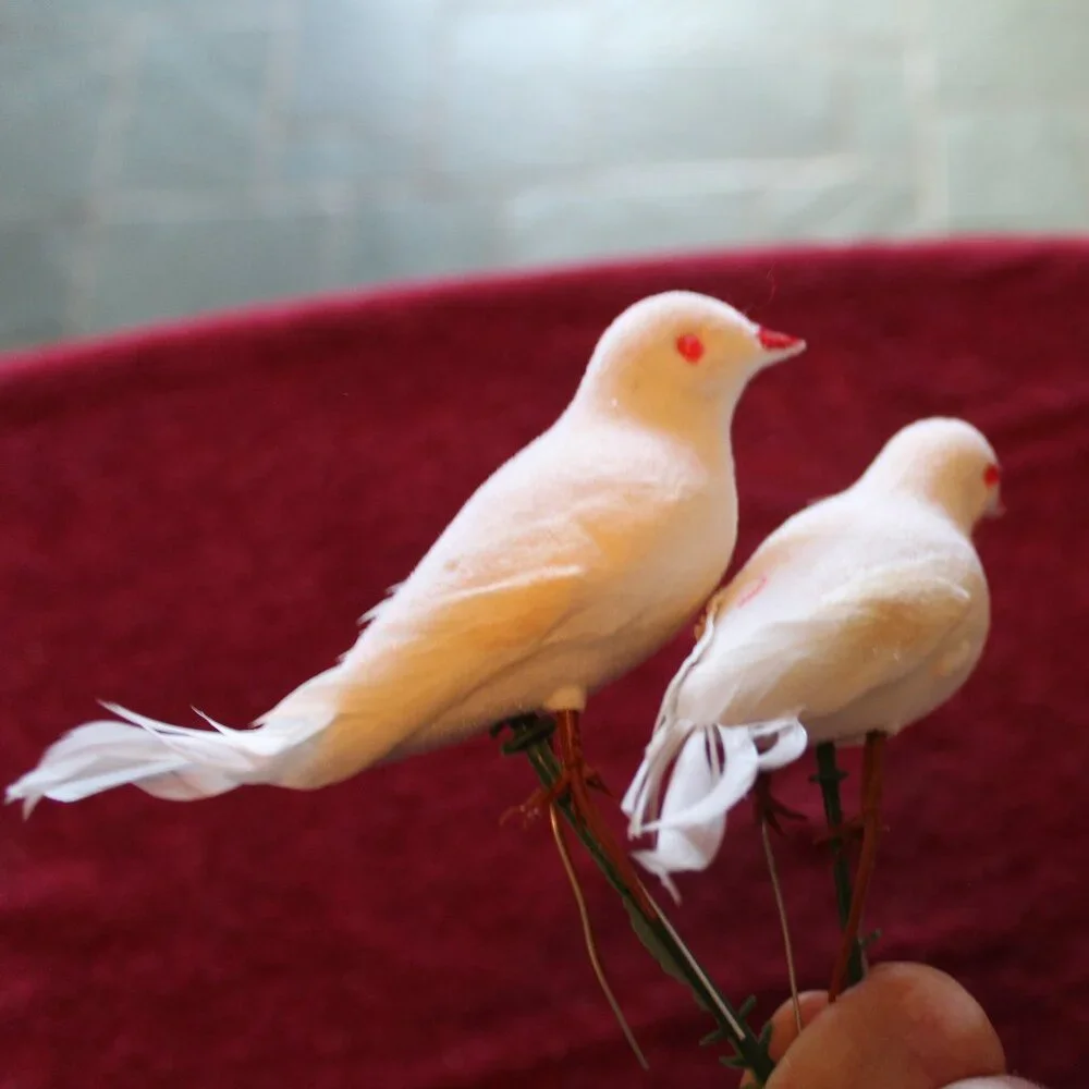 Vintage White Dove - plastic feet and floral pick - set of 2